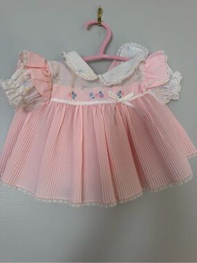 Vintage Pink Pleated Baby Dress with Floral Embroidery